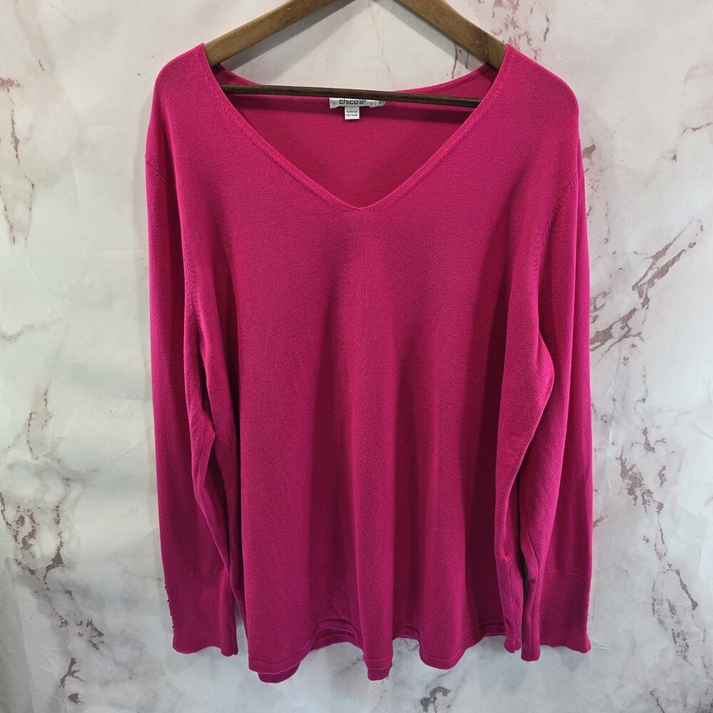 Chicos Sweater Womens 3 XL Hot Pink Sweater Lightweight Button Sleeve V Magenta